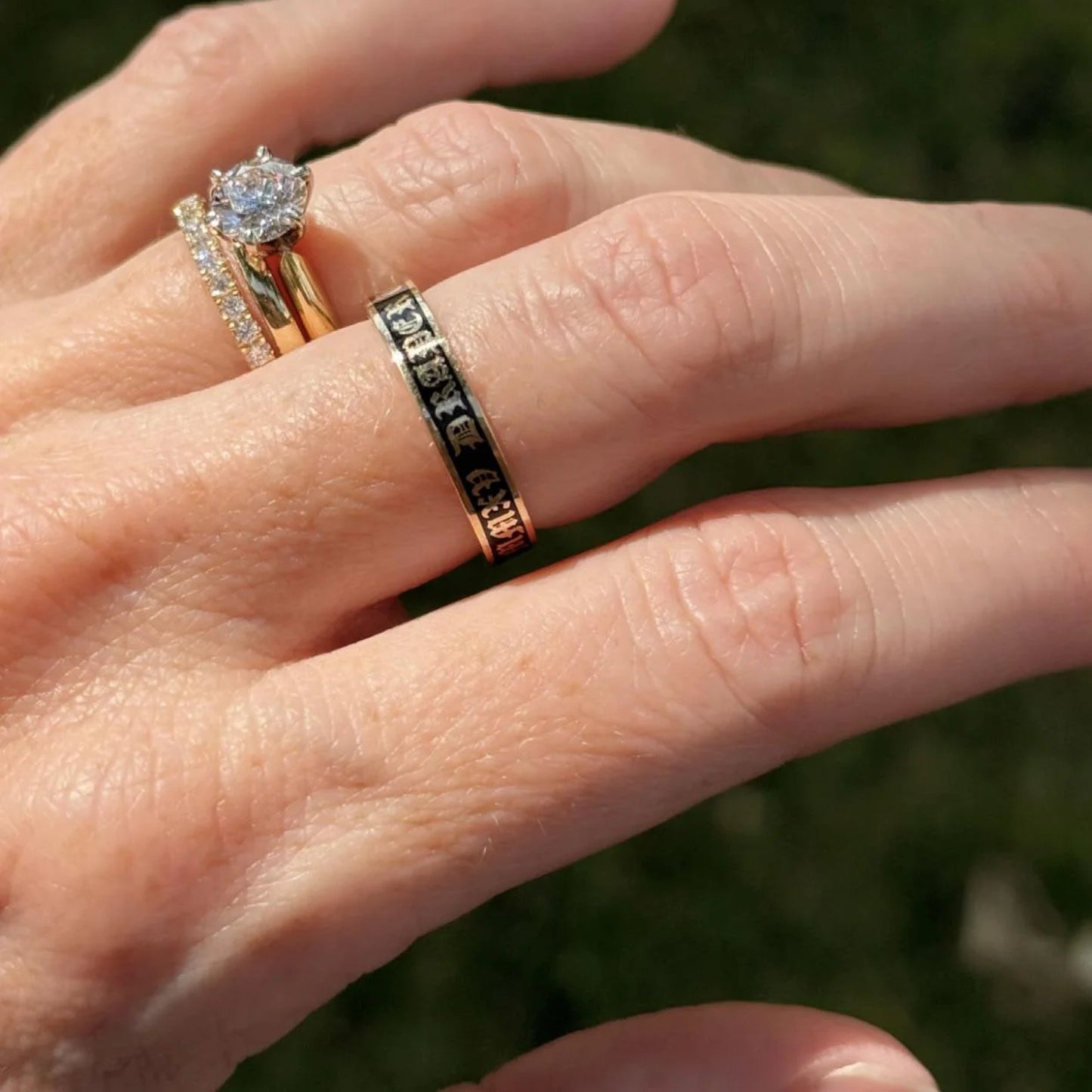 Custom Sterling Silver 4mm Flat Enamel Memento Mori Band (Cloister Black Font)