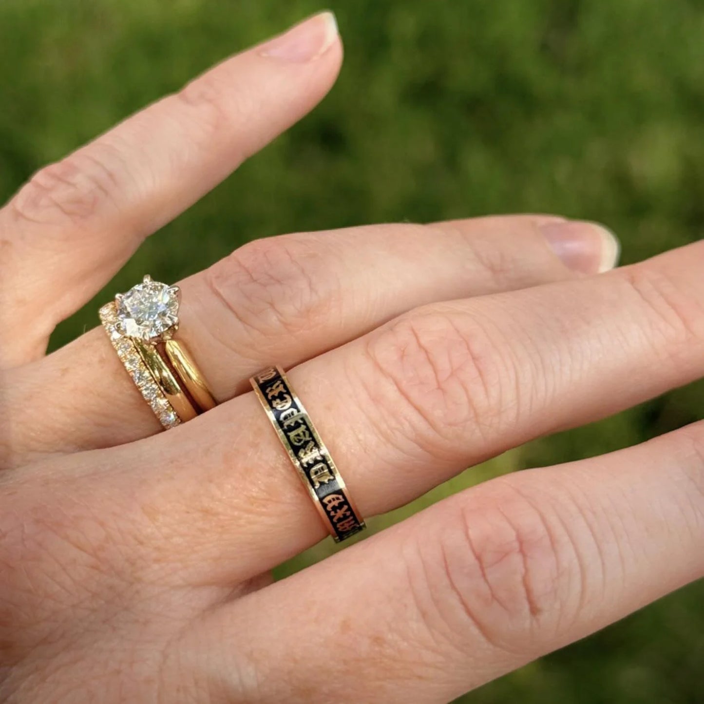 Custom Sterling Silver 4mm Flat Enamel Memento Mori Band (Cloister Black Font)