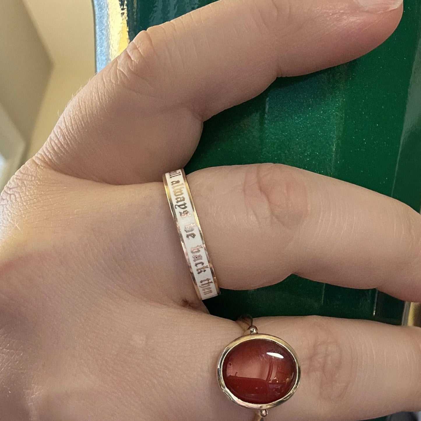 Custom Sterling Silver 4mm Flat Enamel Memento Mori Band (Cloister Black Font)