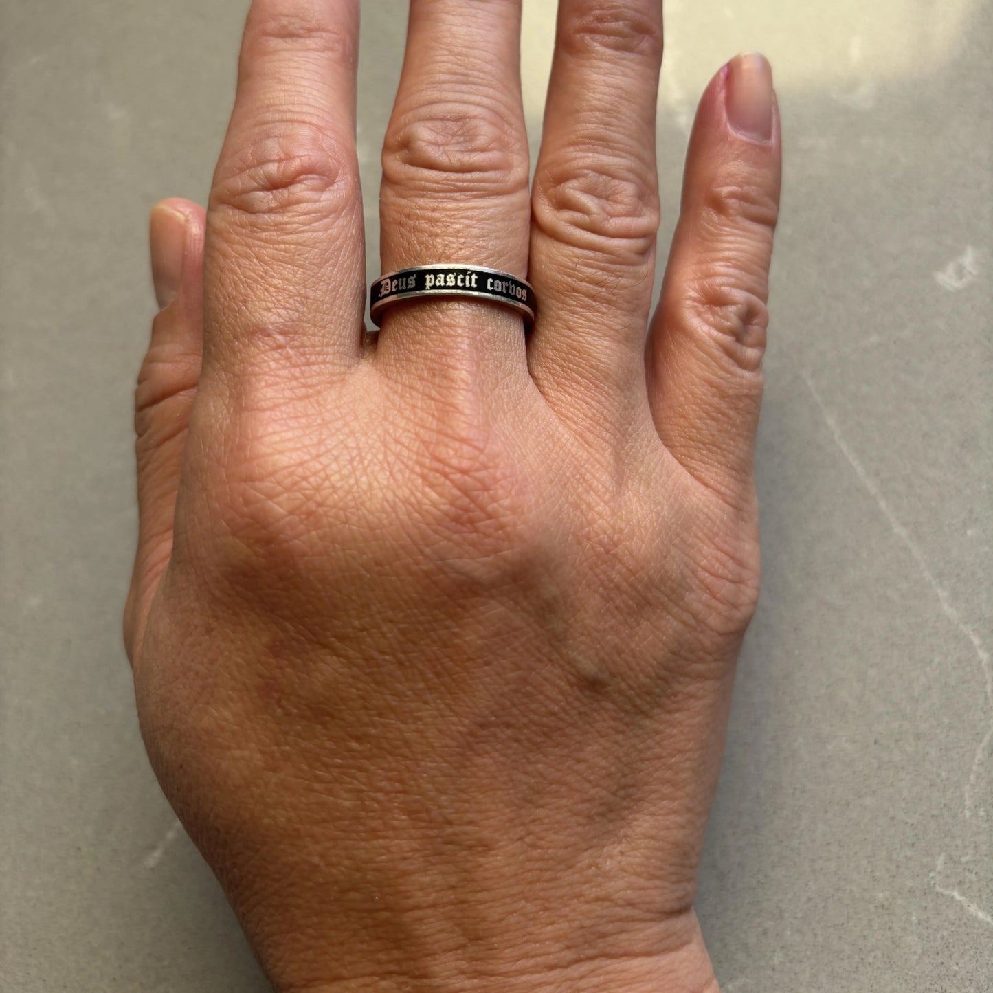 Custom Sterling Silver 4mm Flat Enamel Memento Mori Band (Cloister Black Font)