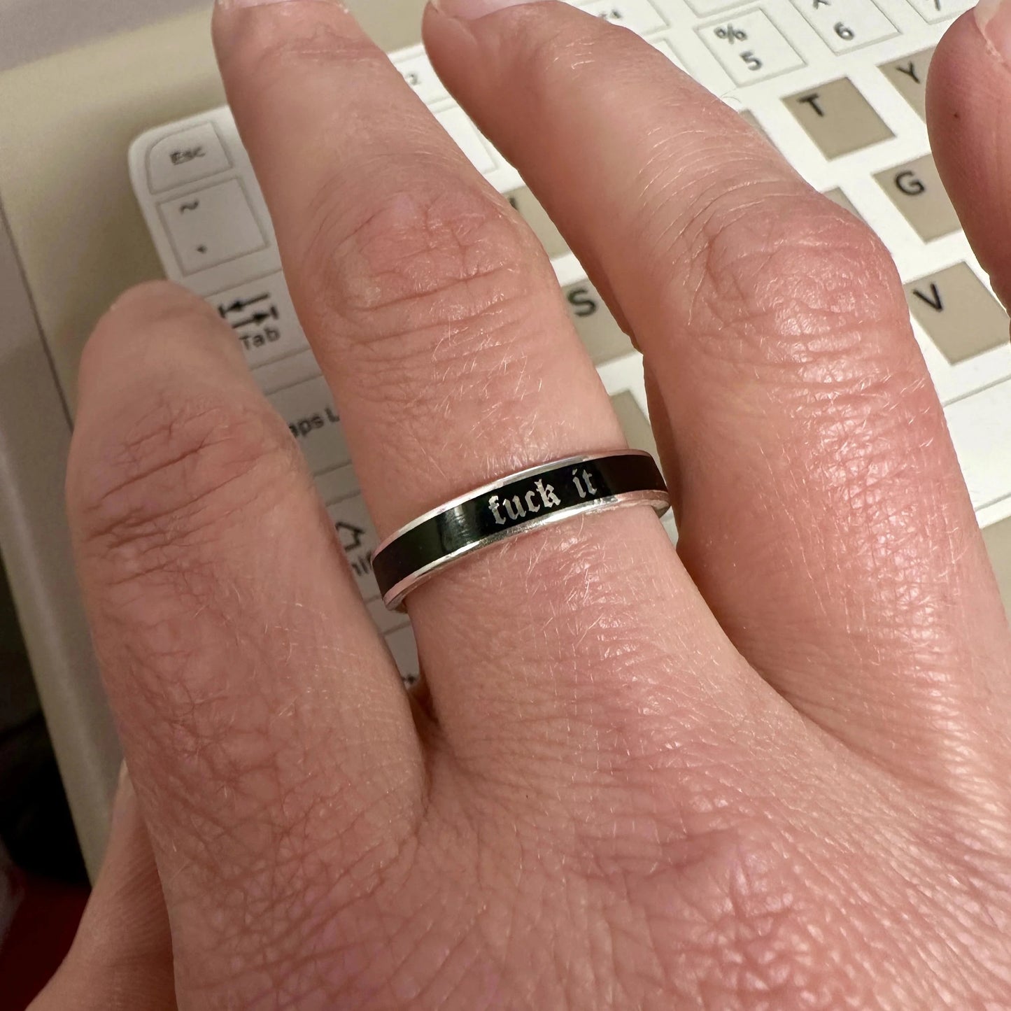 Custom Sterling Silver 4mm Flat Enamel Memento Mori Band (Cloister Black Font)