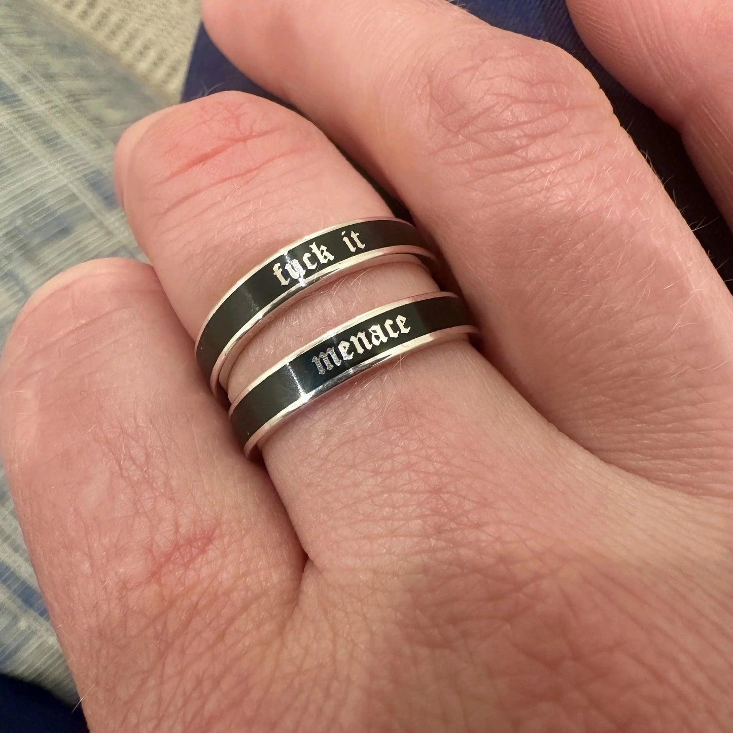 Custom Sterling Silver 4mm Flat Enamel Memento Mori Band (Cloister Black Font)