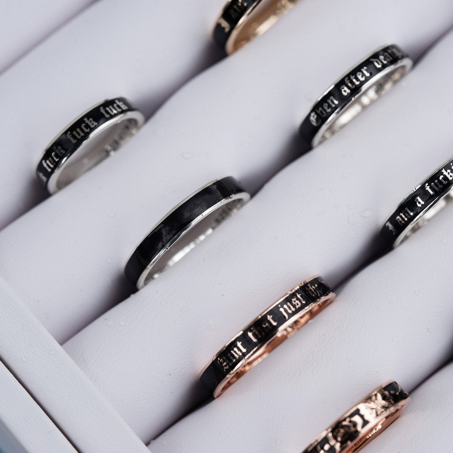 Custom Sterling Silver 4mm Flat Enamel Memento Mori Band (Cloister Black Font)