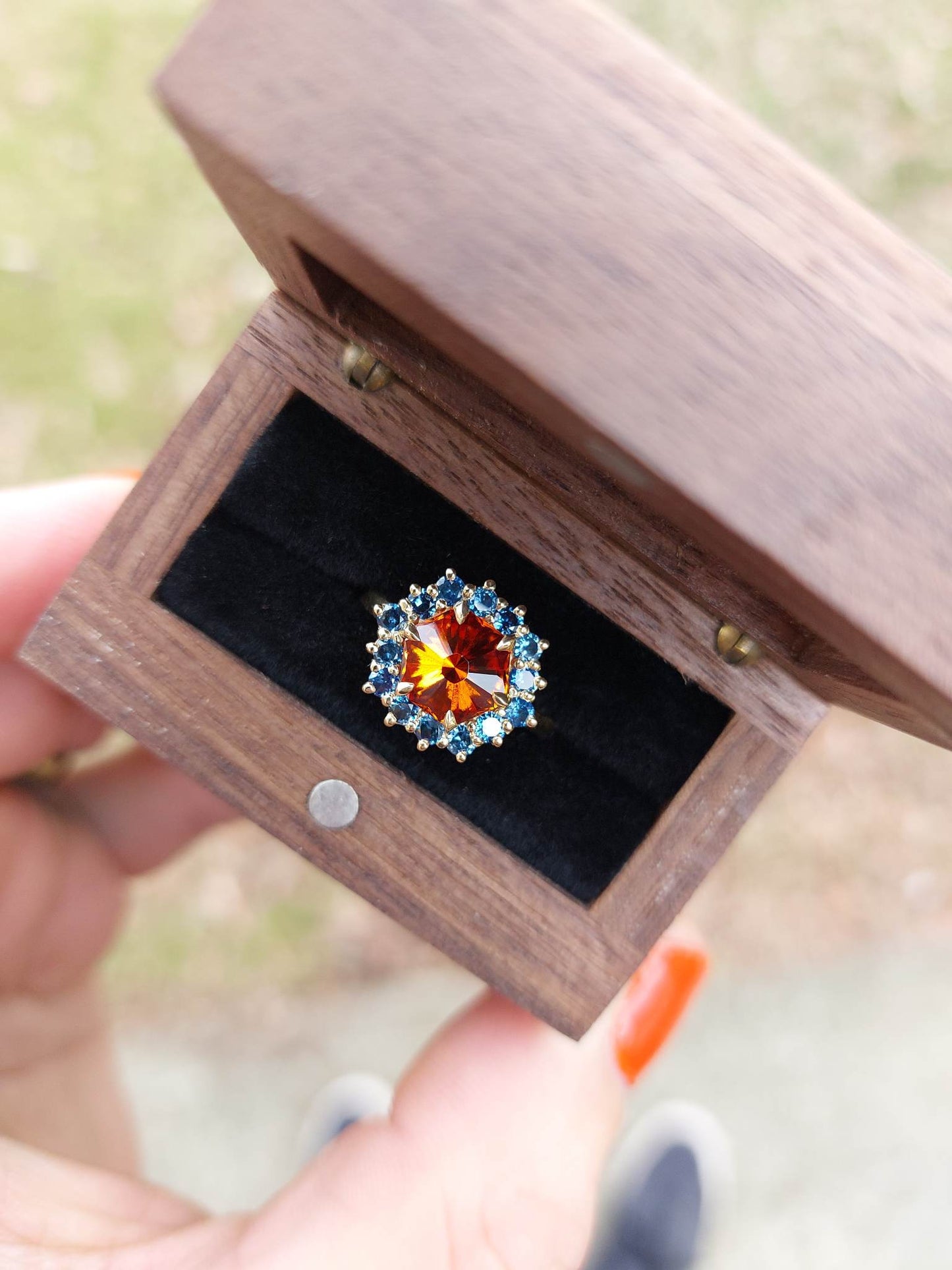 Chroma (1.89ct pyralspite garnet and 0.64tcw teal sapphire)