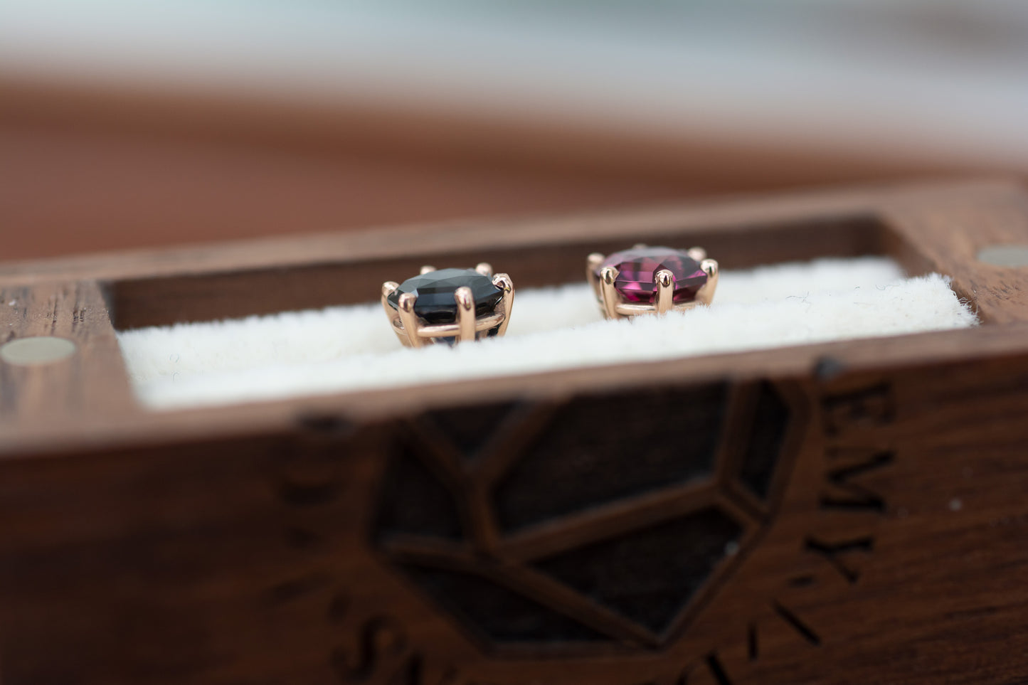 Custom miss-match 14K pink gold, spinel and garnet 6 prong studs