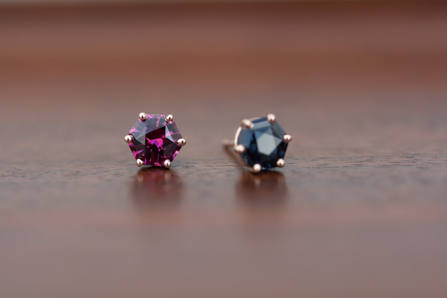 Custom miss-match 14K pink gold, spinel and garnet 6 prong studs